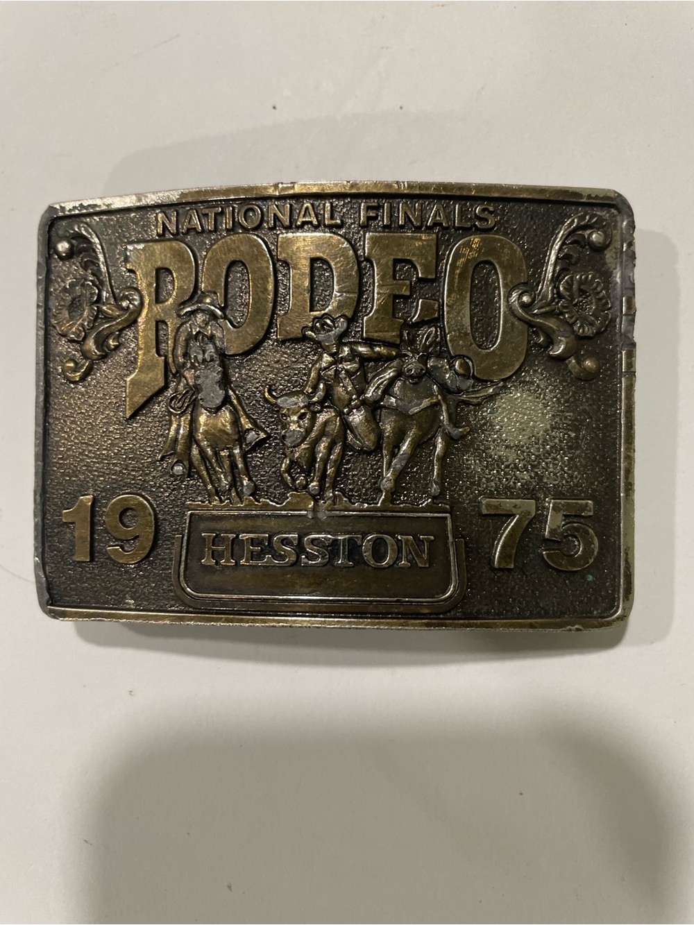 Rare Vintage Hesston 1975 National Finals Rodeo Brass Belt Buckle - Antique